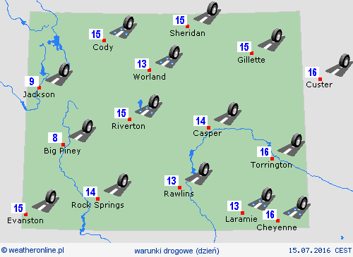 warunki drogowe Wyoming Ameryka Północna mapy prognostyczne