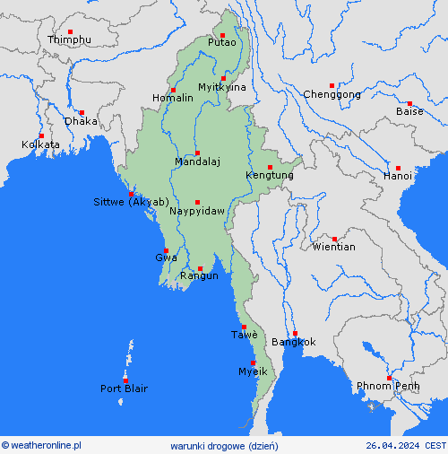 warunki drogowe Birma Azja mapy prognostyczne