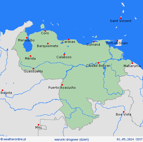 warunki drogowe Wenezuela Ameryka Południowa mapy prognostyczne