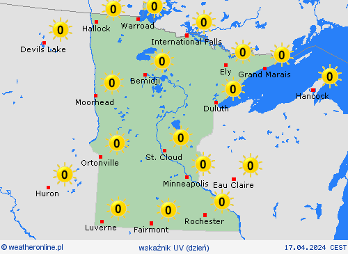 wskaźnik uv Minnesota Ameryka Północna mapy prognostyczne