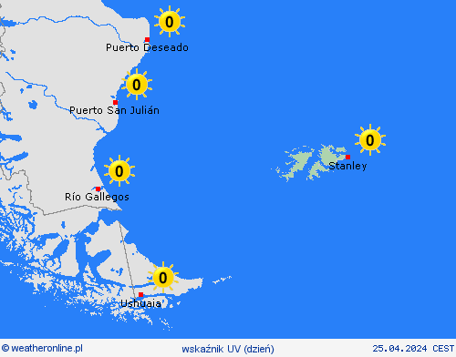 wskaźnik uv Falklandy Ameryka Południowa mapy prognostyczne