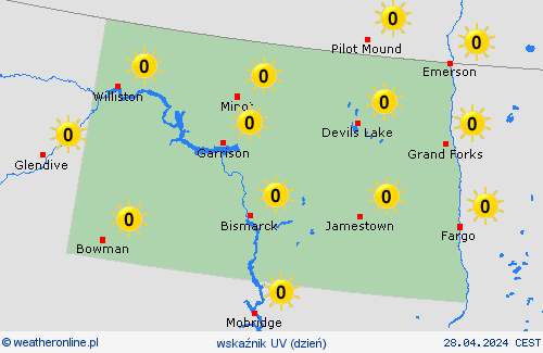 wskaźnik uv Dakota Północna Ameryka Północna mapy prognostyczne