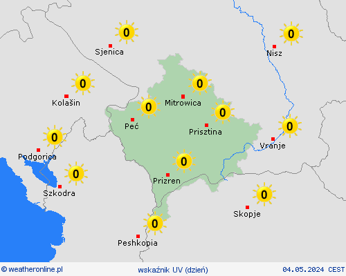 wskaźnik uv Kosowo Europa mapy prognostyczne