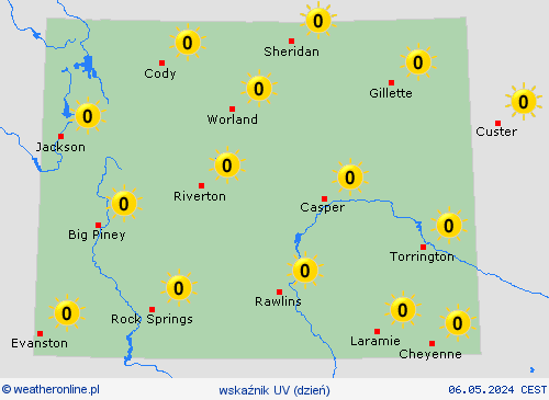 wskaźnik uv Wyoming Ameryka Północna mapy prognostyczne