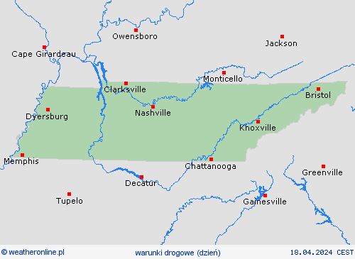 warunki drogowe Tennessee Ameryka Północna mapy prognostyczne
