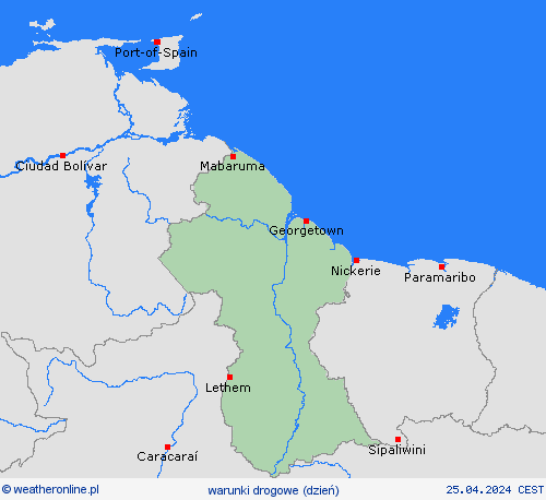 warunki drogowe Gujana Ameryka Południowa mapy prognostyczne