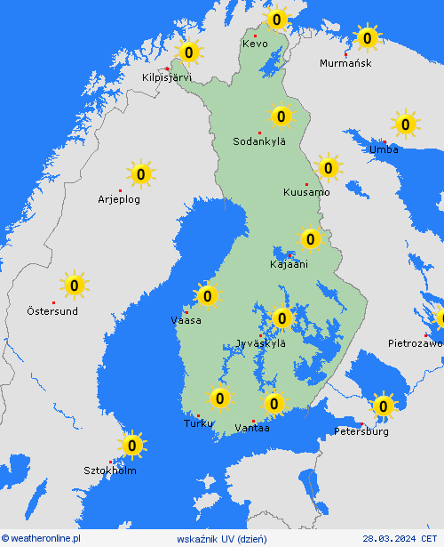 wskaźnik uv Finlandia Europa mapy prognostyczne