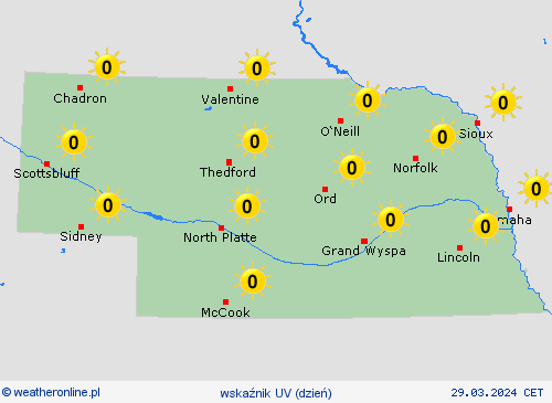 wskaźnik uv Nebraska Ameryka Północna mapy prognostyczne
