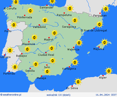 wskaźnik uv Hiszpania Europa mapy prognostyczne