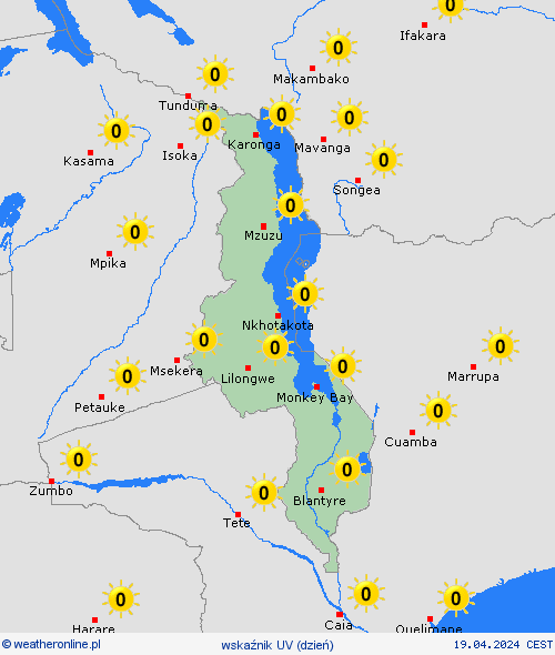 wskaźnik uv Malawi Afryka mapy prognostyczne