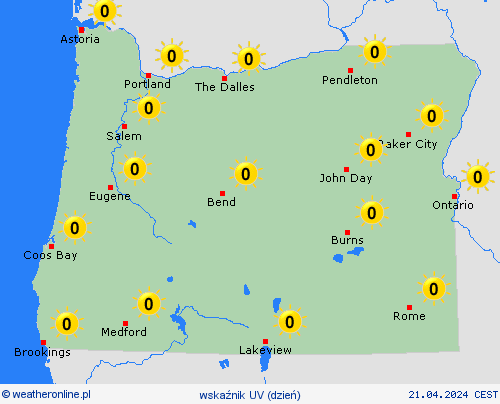 wskaźnik uv Oregon Ameryka Północna mapy prognostyczne