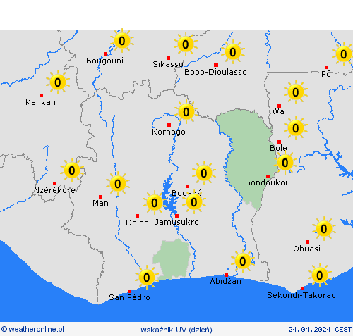 wskaźnik uv Wybrzeże Kości Słoniowej Afryka mapy prognostyczne