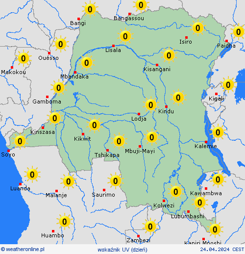 wskaźnik uv Demokratyczna Republika Konga Afryka mapy prognostyczne