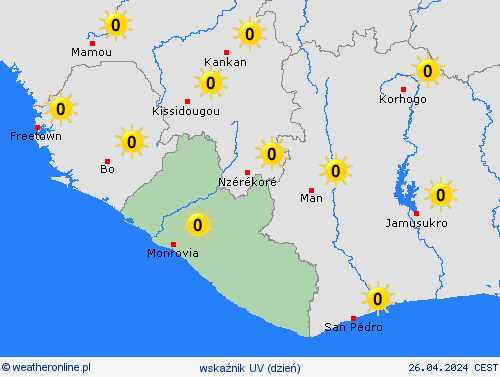 wskaźnik uv Liberia Afryka mapy prognostyczne