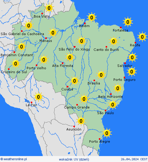 wskaźnik uv Brazylia Ameryka Południowa mapy prognostyczne