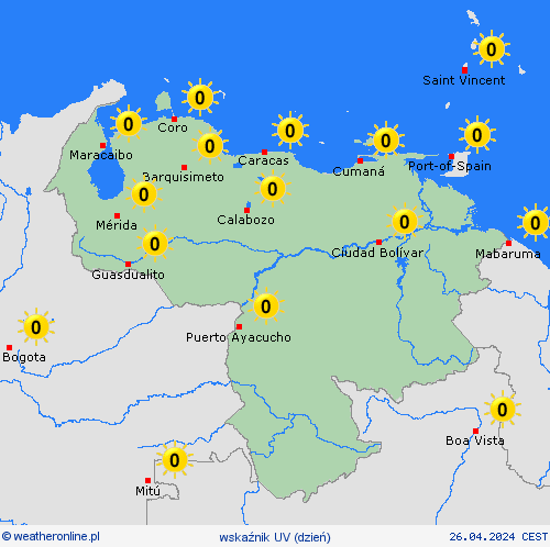 wskaźnik uv Wenezuela Ameryka Południowa mapy prognostyczne