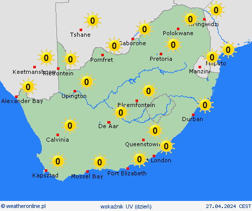 wskaźnik uv Republika Południowej Afryki Afryka mapy prognostyczne