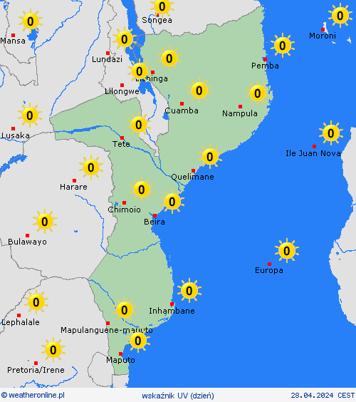 wskaźnik uv Mozambik Afryka mapy prognostyczne
