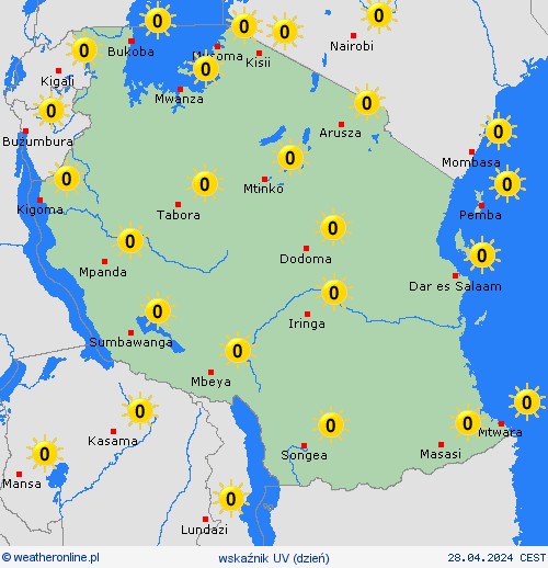 wskaźnik uv Tanzania Afryka mapy prognostyczne