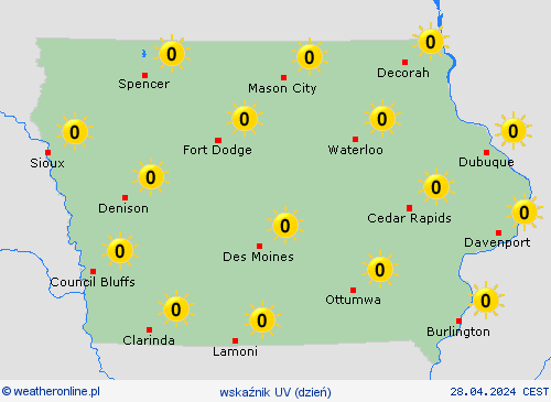 wskaźnik uv Iowa Ameryka Północna mapy prognostyczne