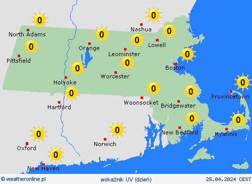 wskaźnik uv Massachusetts Ameryka Północna mapy prognostyczne