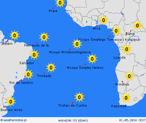wskaźnik uv Wyspy Atlantyckie Afryka mapy prognostyczne