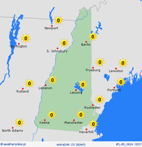 wskaźnik uv New Hampshire Ameryka Północna mapy prognostyczne