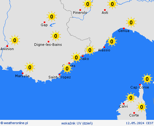 wskaźnik uv Monako Europa mapy prognostyczne