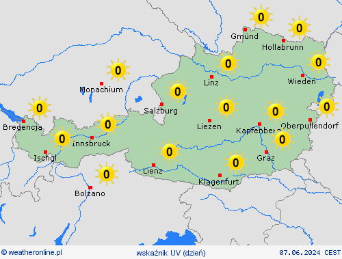 wskaźnik uv Austria Europa mapy prognostyczne