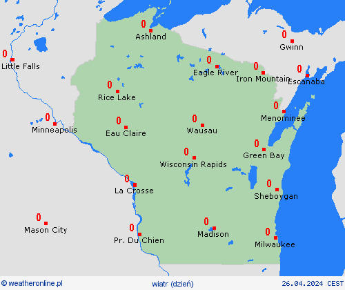 wiatr Wisconsin Ameryka Północna mapy prognostyczne
