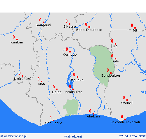 wiatr Wybrzeże Kości Słoniowej Afryka mapy prognostyczne