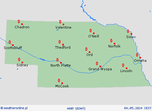 wiatr Nebraska Ameryka Północna mapy prognostyczne