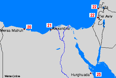 Egipt, Izrael mapy temperatury morza